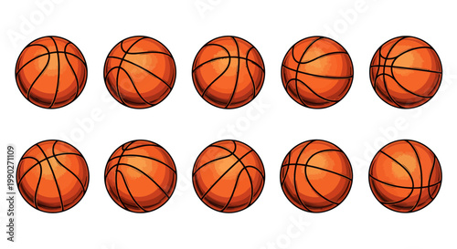Collection of basketballs arranged in two rows.