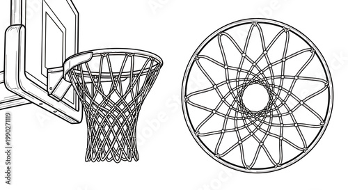 Monochrome basketball hoop and backboard with net and rim design.