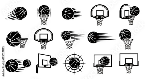 Collection of basketballs and hoops in various shooting patterns.