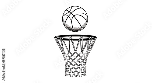 Black and white illustration of a basketball going through a hoop with net.