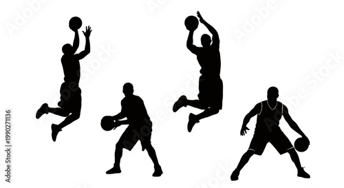 Dynamic silhouettes of four athletes in mid-air action during a sports game.