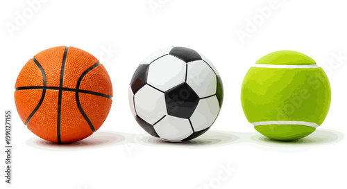 Three sports balls—basketball, soccer ball, and tennis ball—on a white background.