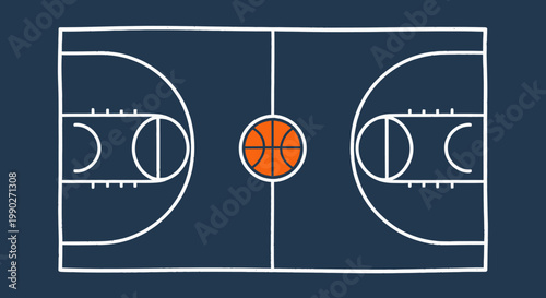 Top-down view of a basketball court with orange ball at center.