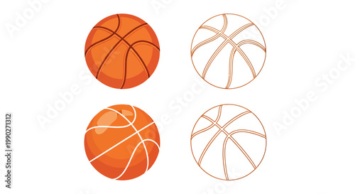 Four basketball icons in orange and white with striped patterns on a plain background.