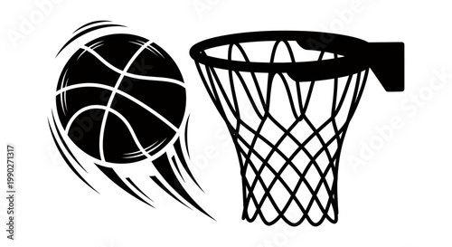 Dynamic basketball scene with ball near a hoop in action.