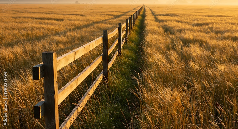 Obraz premium Golden Sunrise Field Path with Wooden Fence