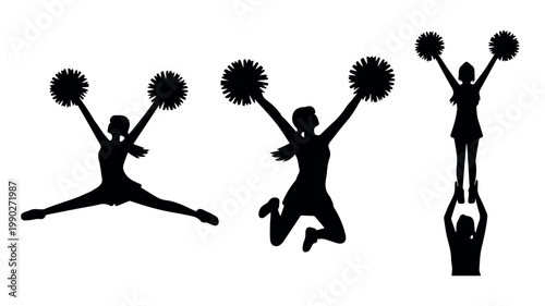 A dynamic set of three black silhouettes depicting female cheerleaders in various energetic poses, including jumps and a stunt, against a white background.