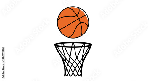 Simple Illustration of Basketball Going Through Hoop in Cartoon Style.
