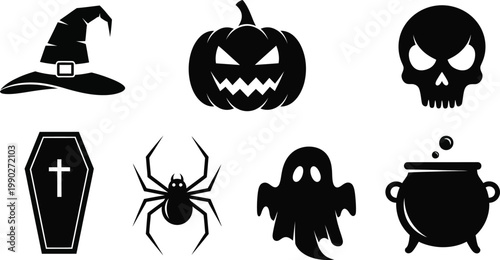 Halloween Icons Set: Pumpkin, Witch Hat, Skull, Coffin, Spider, Ghost, Cauldron