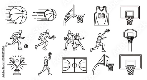 Dynamic collage of basketball players and hoops in action across multiple poses.