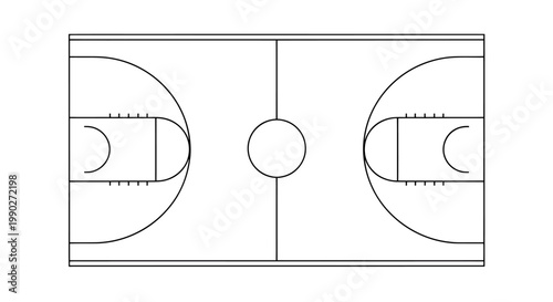 Line drawing schematic of a basketball court layout with center circle and key areas.