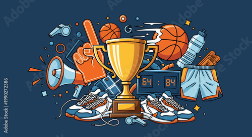 Dynamic Sports Celebration with Trophy, Balls, and Gear Highlighting Championship Spirit.