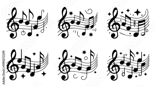 A collection of six black and white musical scores featuring various arrangements of notes, clefs, and staff lines, embellished with decorative elements.
