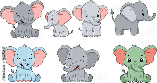 Cute Cartoon Baby Elephant Character Set with Adorable Gray Blue and Green Animals for Kids, Stickers, Nursery, and Nature Designs