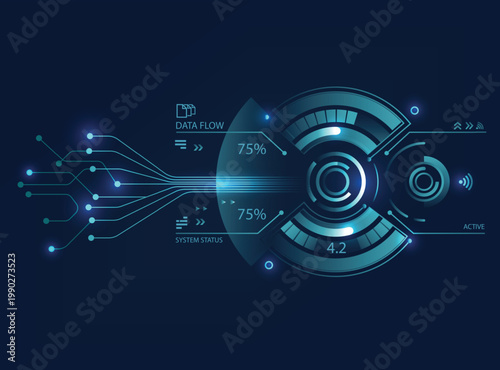 Futuristic blue HUD interface featuring circular data visualizations, percentage indicators, and circuit board traces. High tech abstract background representing data flow
