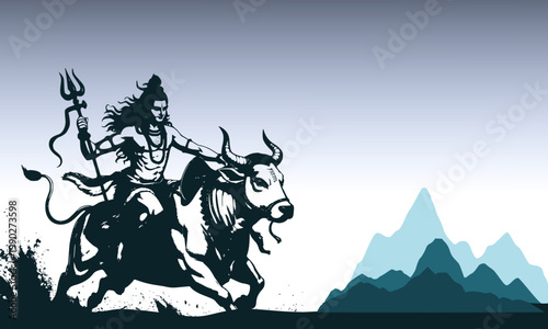 Lord Shiva Riding Nandi Sacred Bull Silhouette Illustration with Trishul Trident Against Himalayan Mountain Background for Hindu Mythology, Spirituality and Religious Art