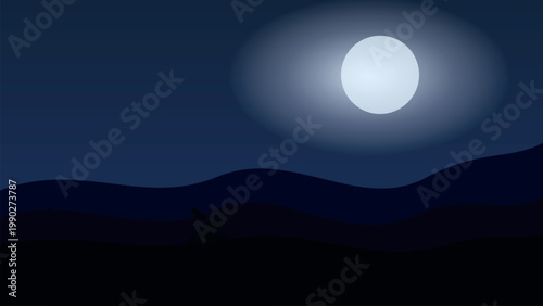 Halloween Night Background with Glowing Full Moon Halo, Dark Rolling Hills and Gradient Blue Night Sky Vector