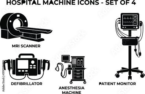 A Comprehensive Set of Four Clean and Neat Black Silhouette Icons for Advanced Hospital Technology (2026 Edition): MRI Scanner, Anesthesia Machine, Defibrillator, and Patient Monitor.