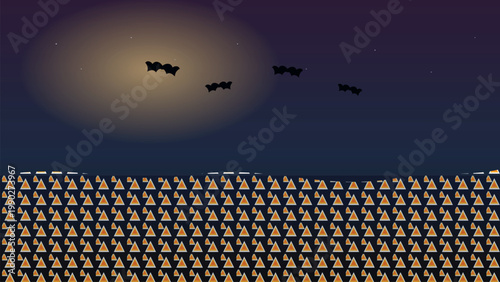 Halloween Night Background with Flying Bats, Glowing Moonlight and Candy Corn Patterned Field Vector