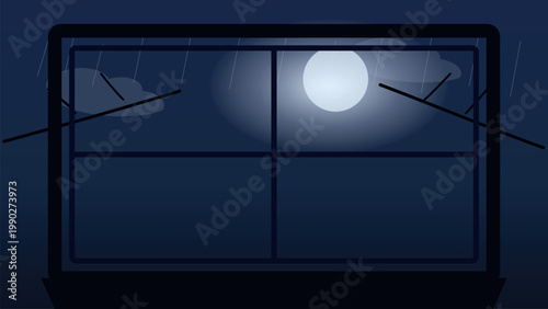 Halloween Rainy Night Background with Moonlit Window View, Falling Raindrops and Dark Cloudy Sky Vector