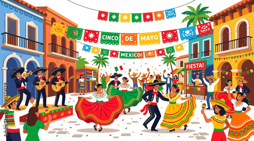 Vibrant Cinco de Mayo celebration in a colorful Mexican town square with people dancing, mariachi music, and festive decorations.