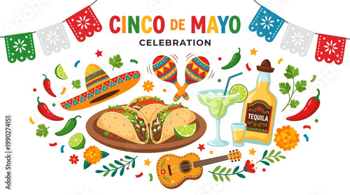 A vibrant illustration celebrating Cinco de Mayo with traditional Mexican food, drinks, music, and festive decorations.