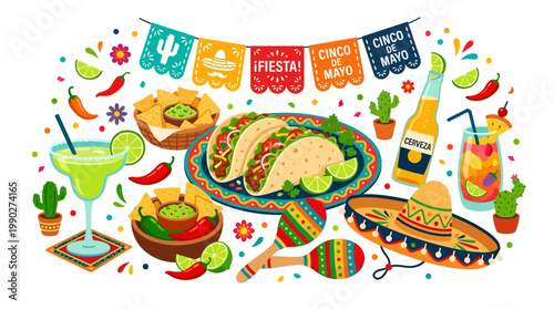 Vibrant Cinco de Mayo celebration spread with traditional Mexican food, drinks, and festive decorations including banners, sombreros, and maracas.