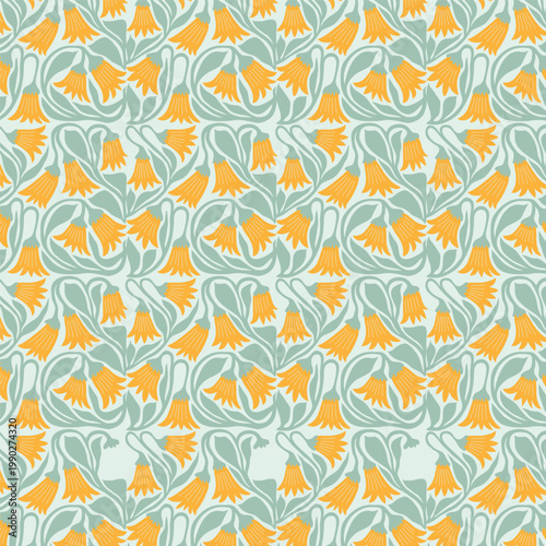 A seamless vector pattern featuring stylized yellow bell flowers and mint green leaves. This aesthetic combines mid-century modern charm with a trendy, minimal Matisse-style botanical design