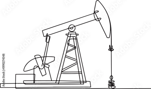 Continuous line drawing of an oil pumpjack, symbolizing energy extraction and the petroleum industry. An iconic graphic representing industrial infrastructure and global resource development