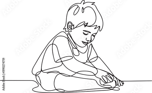 Continuous line drawing of a young child engrossed in playing with a toy, capturing a moment of childhood innocence and focus