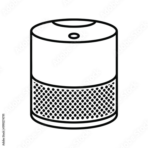 Modern cylindrical smart speaker with perforated grille and button.