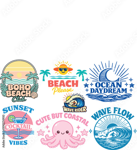 Summer Beach T Shirt Design Bundle, Coastal Typography Vector Graphics, Ocean Wave Surfer, Boho Beach Club, Cocktail Vibes, Cute Octopus, Tropical Vacation Illustrations