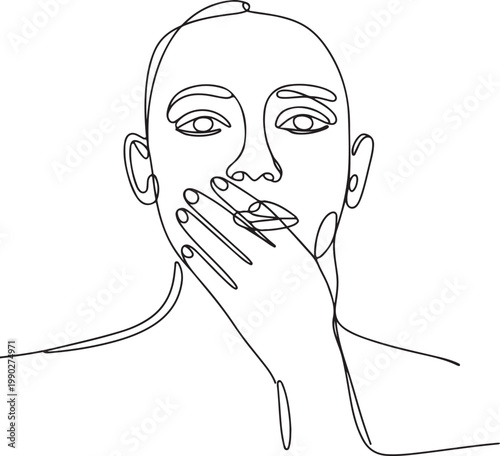 Minimalist continuous line art illustration of a person with a hand covering their mouth, conveying a nuanced sense of silence, discretion, or thoughtful contemplation