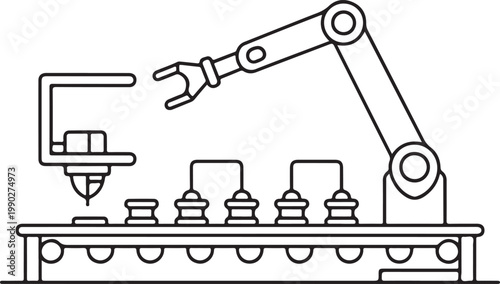 Streamlined industrial automation process depicted with a robotic arm assembling components on a conveyor belt, alongside a 3D printer, symbolizing smart factory manufacturing and advanced technology