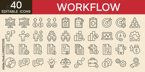 Workflow icons set audit icons vector illustration with icons of teamwork, management, collaboration, compliance, data analysis, review, documents, business, job, goal and more editable stroke icons 