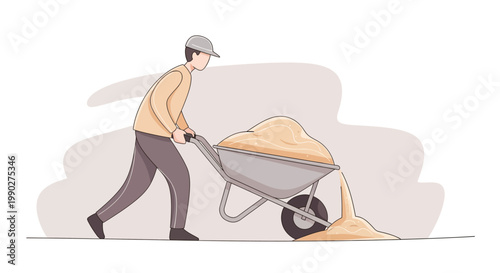 Man pushing loaded wheelbarrow on ground.