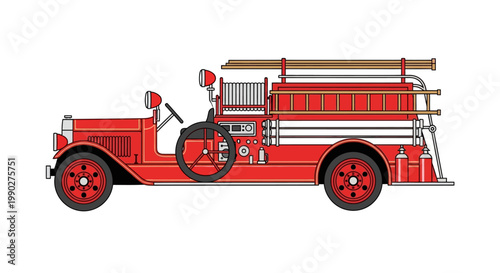 Vintage Red Fire Truck Side View.