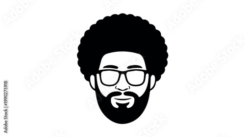 A stylish man's headshot featuring a distinctive afro hairstyle, a full beard, and modern eyeglasses, presented in a black and white illustration.