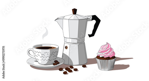 Still life illustration with a white moka pot cup of coffee with beans and a chocolate cupcake with pink frosting.