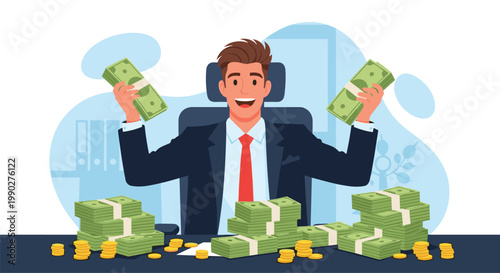 Successful businessman in a suit sitting at a desk overflowing with stacks of cash and gold coins in a modern office.