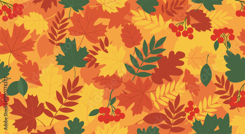 Seamless autumn leaf pattern with maple oak and rowan berries in warm fall colors like orange and yellow for wallpaper.