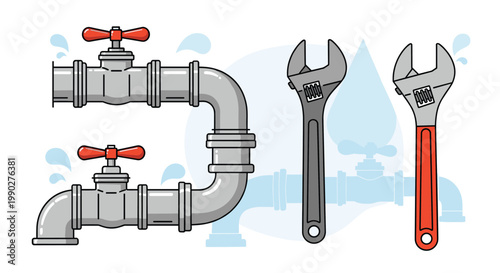Plumbing maintenance tools and equipment featuring leaking pipes, red valves, and adjustable wrenches for repair.