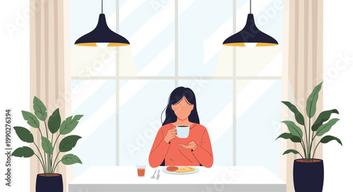Peaceful scene of a woman sitting at a table by a window enjoying coffee and breakfast in a cozy room with green indoor plants.