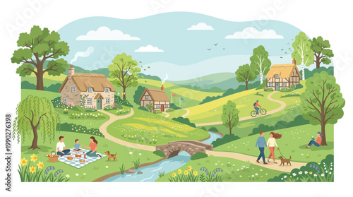 Illustration of a serene countryside scene celebrating a spring bank holiday in the UK with people enjoying leisure activities, picnic, and walking dogs in a vibrant green landscape with
