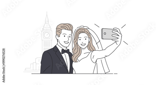 Illustration of a smiling bride and groom taking a selfie with the London skyline in the background, in a simple line drawing style with a romantic and joyful mood.