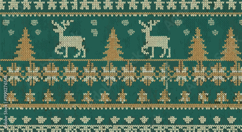 Festive green knitted texture features a traditional winter holiday pattern with white reindeer and golden brown pine trees.