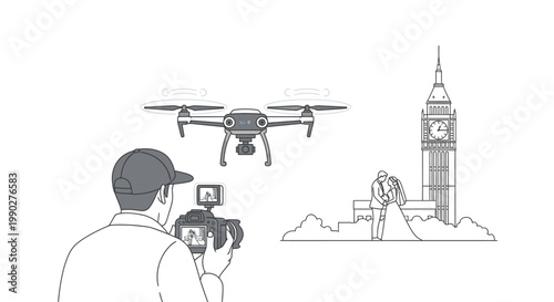 Line drawing of a man operating a drone controller with a drone flying over Big Ben and a person in London.