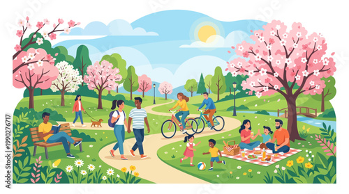 Illustration of people enjoying a picnic and outdoor leisure activities in a park on a sunny spring bank holiday in the UK with blooming pink cherry blossom trees.