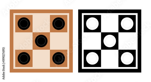 Two minimalist 3x3 grid icons with checkers pieces one color and one black white. Clean vector symbols for strategy games or logic concepts.
