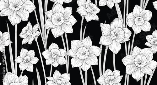 Artistic seamless pattern features detailed hand drawn white narcissus flowers with stems on a solid black background for contrast.
